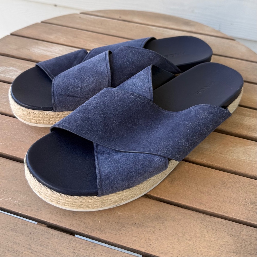 Vince Glyn Navy Blue Suede Crisscross Espadrille Platform Slide Sandals 9M 39